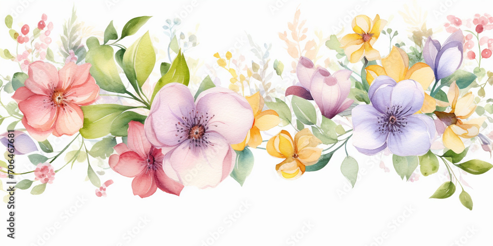 Spring flowers arrangement. Floral ornament. Pastel color, isolated watercolor illustrator.