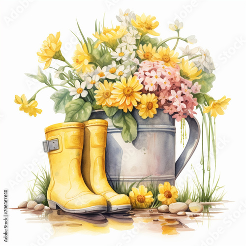 Yellow rubber boots and bouquet of flowers in a watering can, spring concept, watercolor illustration
