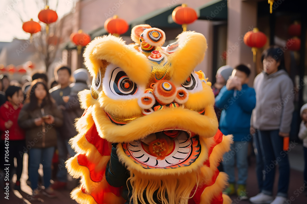 Lion dance in the street at chinese lunar new year.