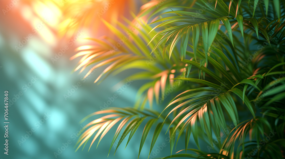 Lush palm leaves hanging gracefully on a light blue wall. Generative ai. Lush palm leaves hanging gracefully on a light blue wall. Generative ai.