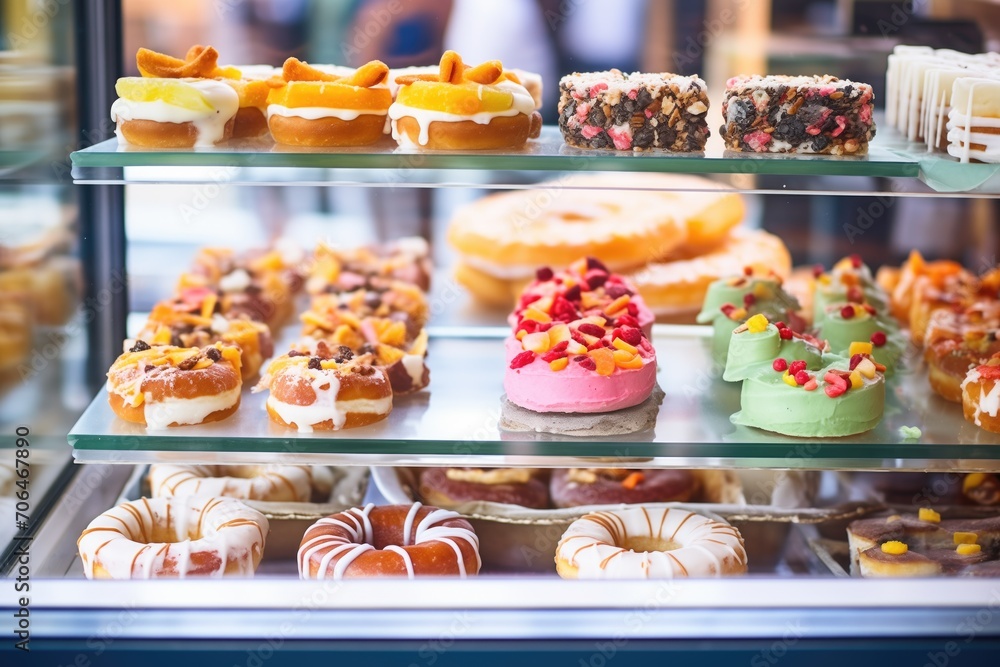 donuts with various toppings in bakery case