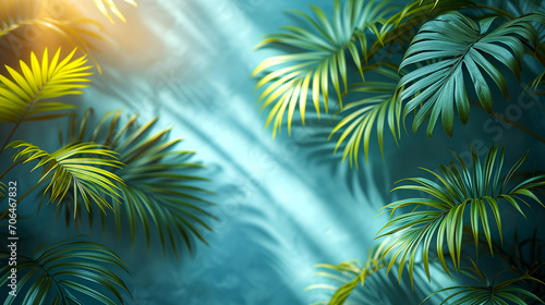 Lush palm leaves hanging gracefully on a light blue wall. Generative ai.