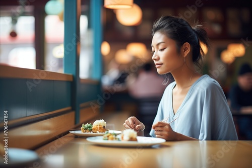 woman eating dim sum in a modern restaurant