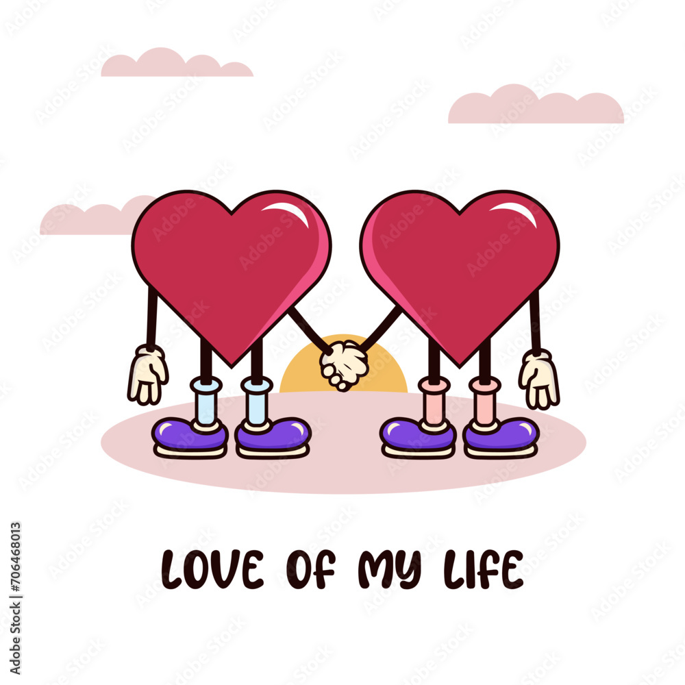 Heart character retro groovy. Postcard two hearts holding each others hands and watch the sunset. Love of my life. Vector illustration Heart character retro groovy. Postcard two hearts holding each others hands and watch the sunset. Love of my life. Vector illustration