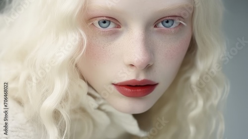 Albino girl with white skin, natural lips and white hair. Neural network AI generated art