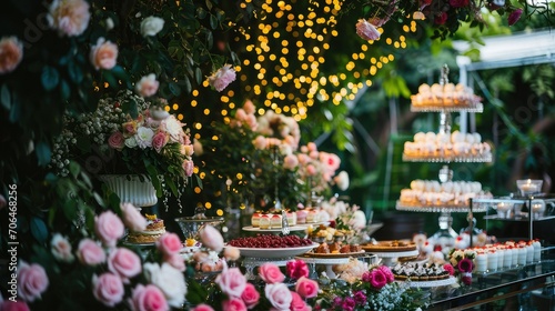 Wedding dessert bar in a roses garden wedding, epic and beautiful, copy space.