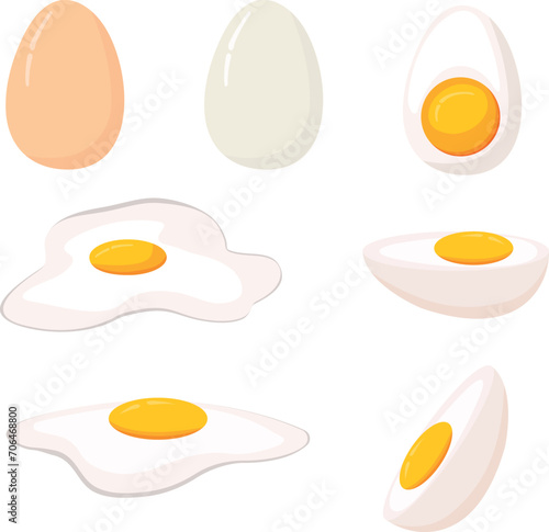 Cartoon egg isolated on white background. Set of fried, boiled, half, sliced eggs. Vector illustration. Eggs in various forms.