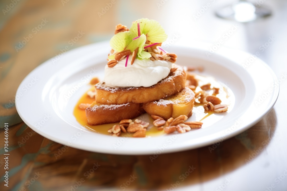 french toast served with a dollop of whipped cream and nuts french toast served with a dollop of whipped cream and nuts