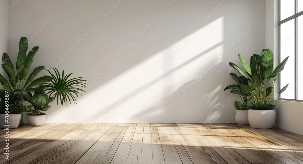 Minimalist Luxury: White Room with Wood Floor and Greenery