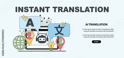 AI, artificial intelligence Instant Translation Concept. Ai Help to Translate Worldwide Language on Online App. Self-Learning Computing System Processing Data Technology. Flat Vector Web Banner.