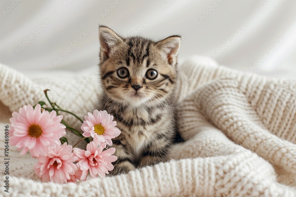 photo of a cute Scottish Straight kitten and pink flowers on a white knitted blanket