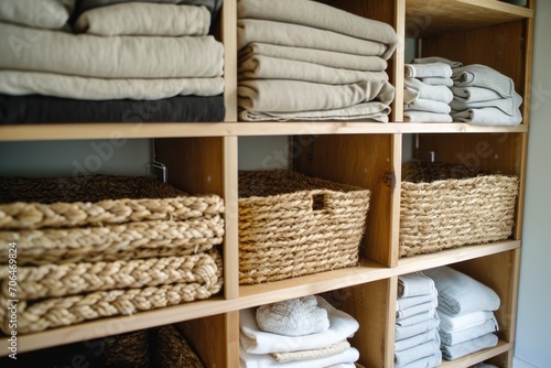 Modern Closet Organization: Eco-Friendly Linen Storage with Straw Baskets and Minimalist Dividers