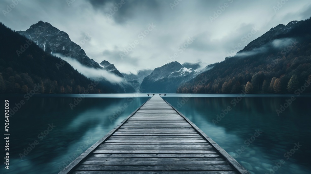 Misty Lake Pier Leading into the Mountains. Generative ai Misty Lake Pier Leading into the Mountains. Generative ai