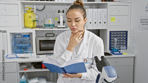 Attractive young hispanic woman scientist  immersed in science research  reading a medical book in a relaxed manner  sitting inside her active laboratories  focused on a promising experiment.