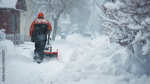 Man Clearing Snow with a Snowblower During Winter Season. Generative ai photo
