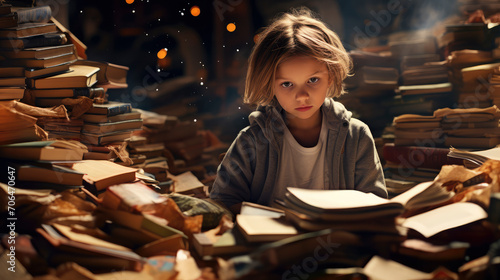 Young child reading surrounded by piles of books