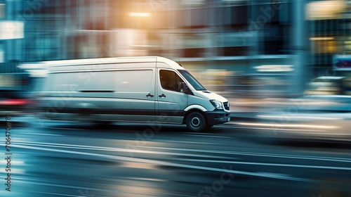 Speeding Delivery Van in Urban Cityscape. Generative ai photo