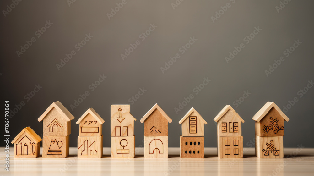 Wooden blocks stacked in the shape of buildings and houses Wooden blocks stacked in the shape of buildings and houses