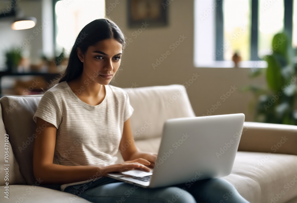 Naklejka premium Connettività Domestica- Ragazza Latina Seduta sul Divano con il Laptop, Navigando Online