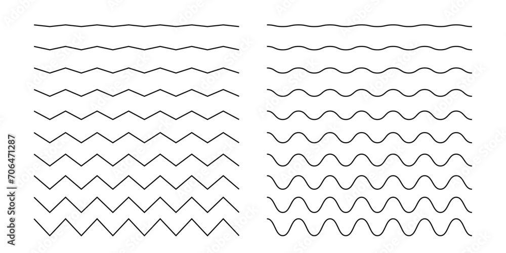 Wave and zigzag horizontal lines. Simple curvy and jagged decorative borders isolated on white background. Water, sea, ocean, river, air, wind signs. Corrugated outline textures. Vector illustration Wave and zigzag horizontal lines. Simple curvy and jagged decorative borders isolated on white background. Water, sea, ocean, river, air, wind signs. Corrugated outline textures. Vector illustration