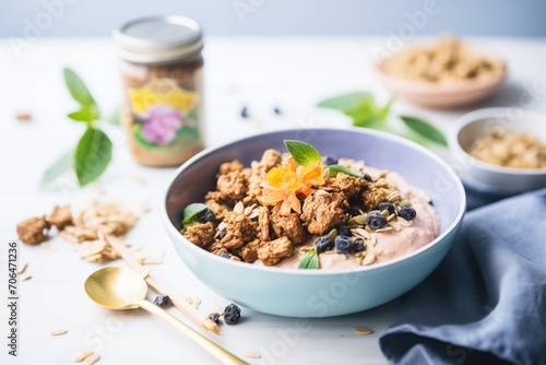 high-protein granola bowl with a scoop of peanut butter