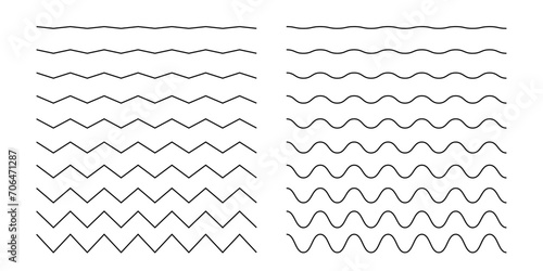 Wave and zigzag horizontal lines. Simple curvy and jagged decorative borders isolated on white background. Water, sea, ocean, river, air, wind signs. Corrugated outline textures. Vector illustration