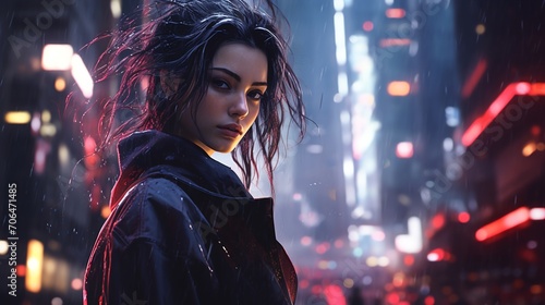 Portrait of Young woman in cyberpunk city