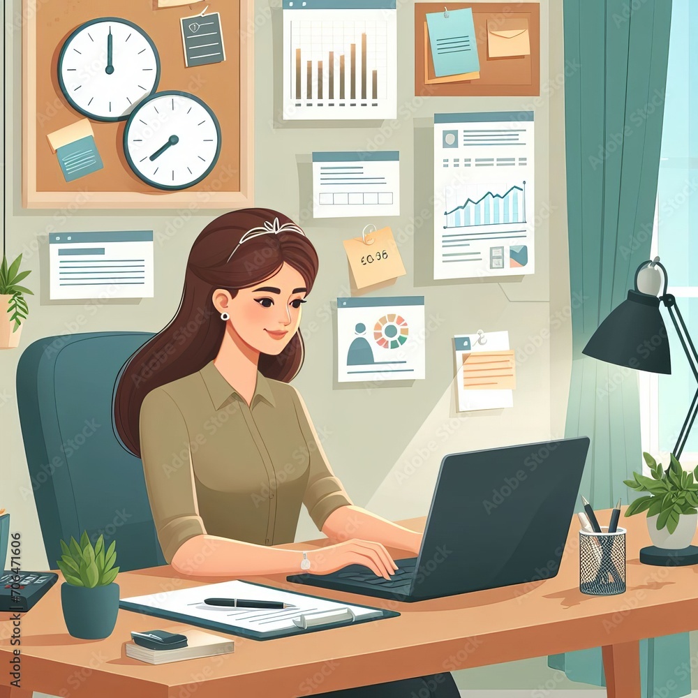A Woman working at a laptop while seated at a desktop computer, Generative Ai A Woman working at a laptop while seated at a desktop computer, Generative Ai