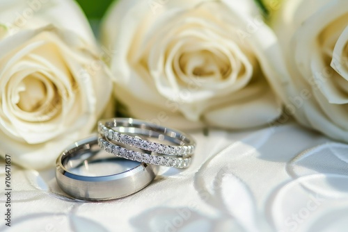 Wedding rings decorated with diamonds for the wedding, with white roses of a table, copy space.