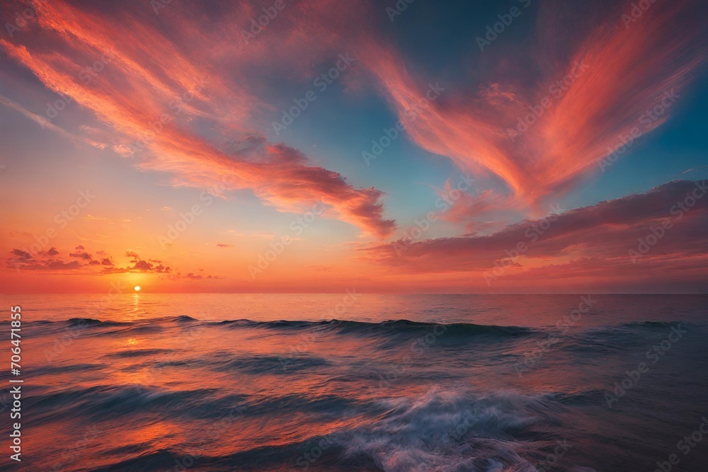 A serene sunset over the ocean and the sky with vibrant colors