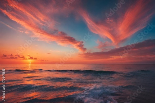 A serene sunset over the ocean and the sky with vibrant colors © Iskandar