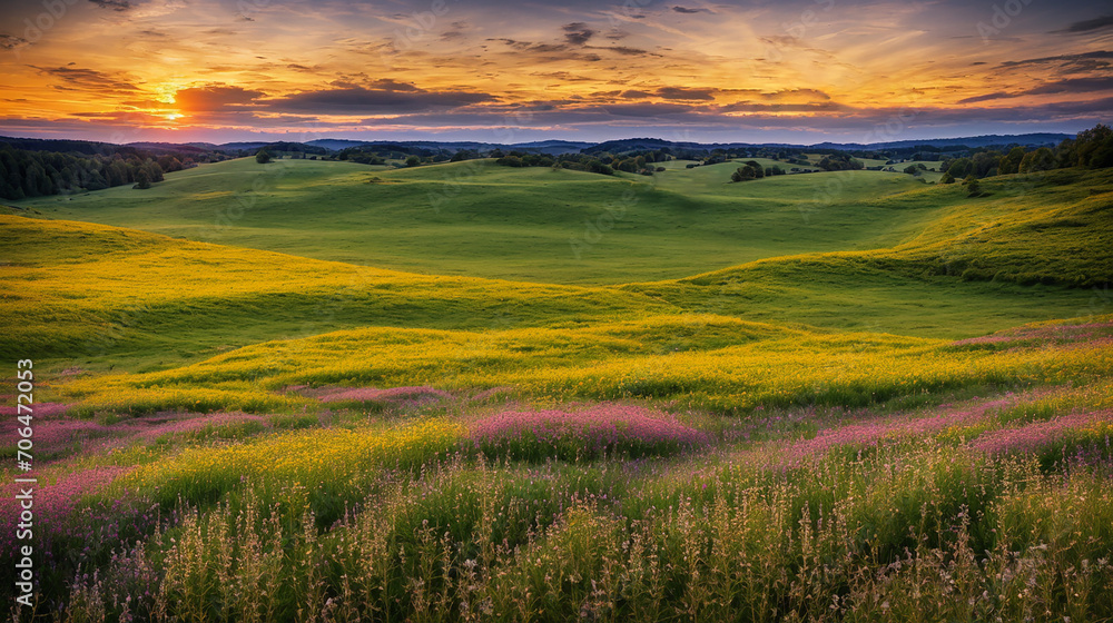 Fototapeta premium beautiful landscapes of sunset in the field, golden hour scenery background