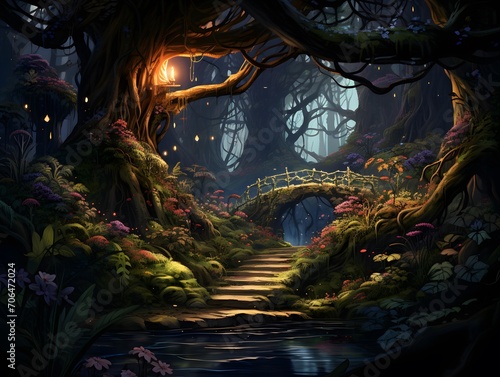 Fantasy landscape with a path in a dark forest. 3d rendering