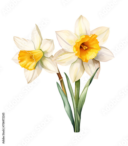 Watercolor narcissus, spring. Illustration clipart isolated on white background.