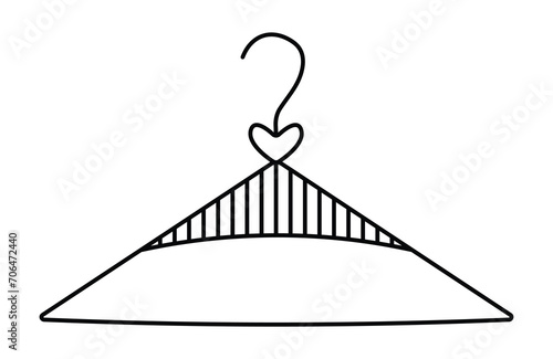 Single coat rack symbol, black line clothes hanger sign, simple illustration of clothes rack with stripes and heart. Editable stroke, pixel perfect vector icon