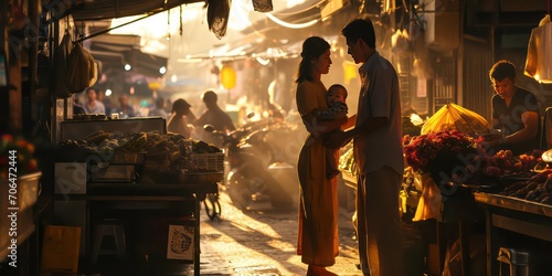 In the enchanting evening light, parents lovingly hold their baby's tiny hands while the happy family enjoys a peaceful moment in a street market, with captivating interplay of light and shadows.