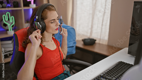 Attractive young woman streamer grooving to music while gaming, rocking the gaming room night with digital fun and streaming entertainment photo