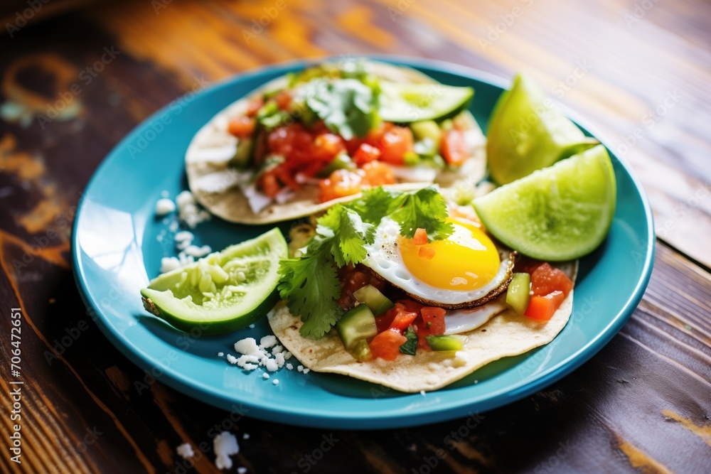 huevos rancheros with a whole avocado and lime wedges huevos rancheros with a whole avocado and lime wedges