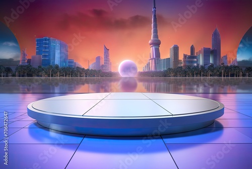 round podium with reflective colors with future world theme in the background photo