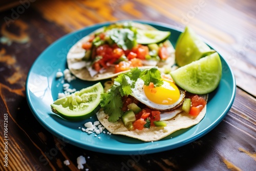 huevos rancheros with a whole avocado and lime wedges