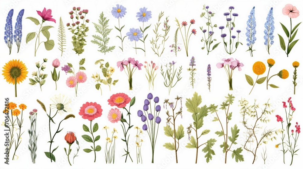 Explore the Beauty of Nature with this Detailed Wild Flowers Vector Collection – Perfect for Botanical, Organic, and Floral Design Projects! - obrazy, fototapety, plakaty 