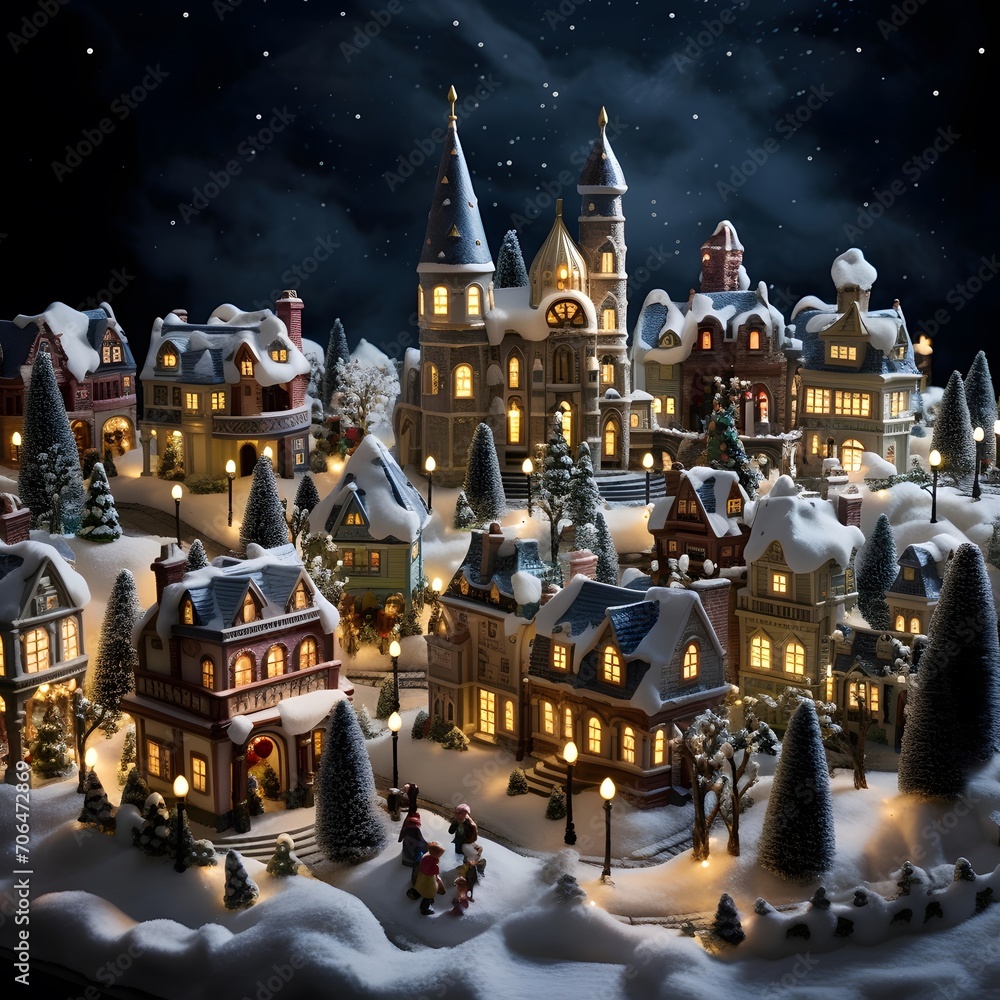 Christmas and New Year miniature village with houses and trees on snow in front of night sky