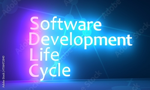 SDLC System Development Life Cycle - process for planning, creating, testing, and deploying an information system. Acronym text concept background. Neon shine text. 3D render photo