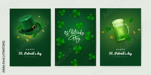 Saint patrick's day celebration banner, poster or greeting card design template with realistic hat, clover and green beer mug on green background. Vector illustration
