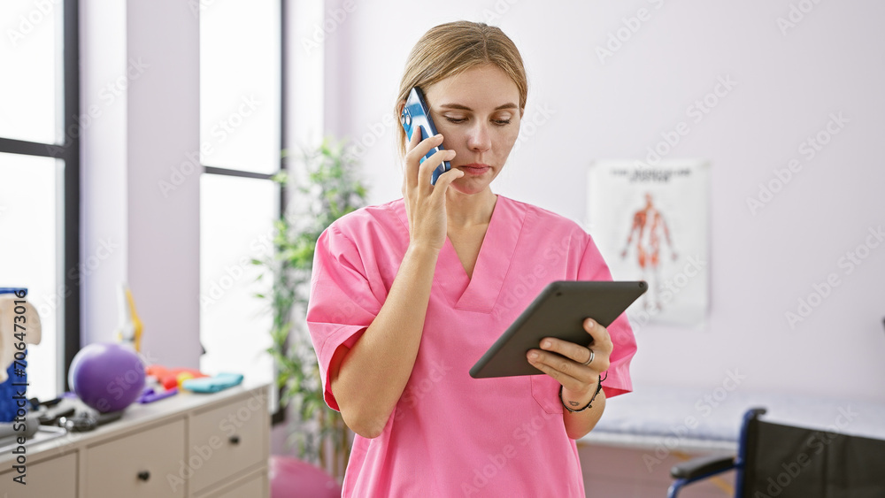A focused blonde woman in pink scrubs multitasks with a tablet and phone in a bright clinic room. - obrazy, fototapety, plakaty 