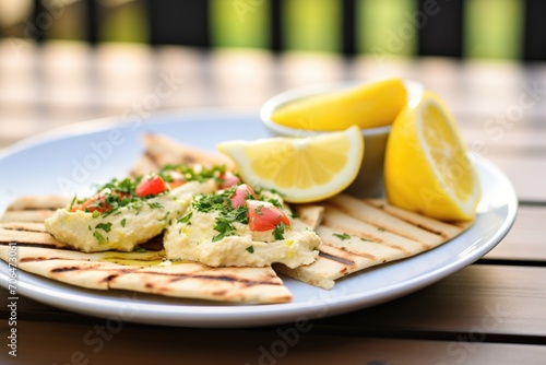 grilled pita bread with hummus and lemon wedges on plate
