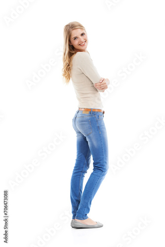 Woman, portrait and arms crossed or happy in studio with empowerment, positive mindset or confidence. Model, person and smile with casual outfit, trendy clothes or mock up space on white background