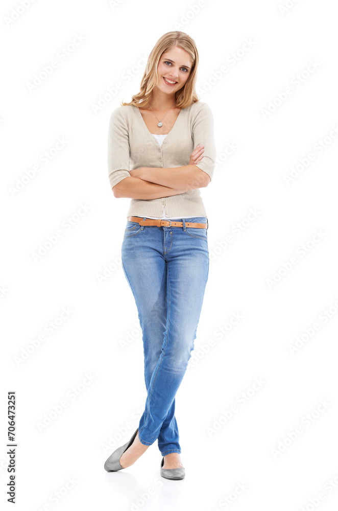 Portrait, smile and woman with her arms crossed, mockup space and fashion isolated on white studio background. Person, happy girl or model with confidence, jeans or stylish clothes with trendy outfit Portrait, smile and woman with her arms crossed, mockup space and fashion isolated on white studio background. Person, happy girl or model with confidence, jeans or stylish clothes with trendy outfit