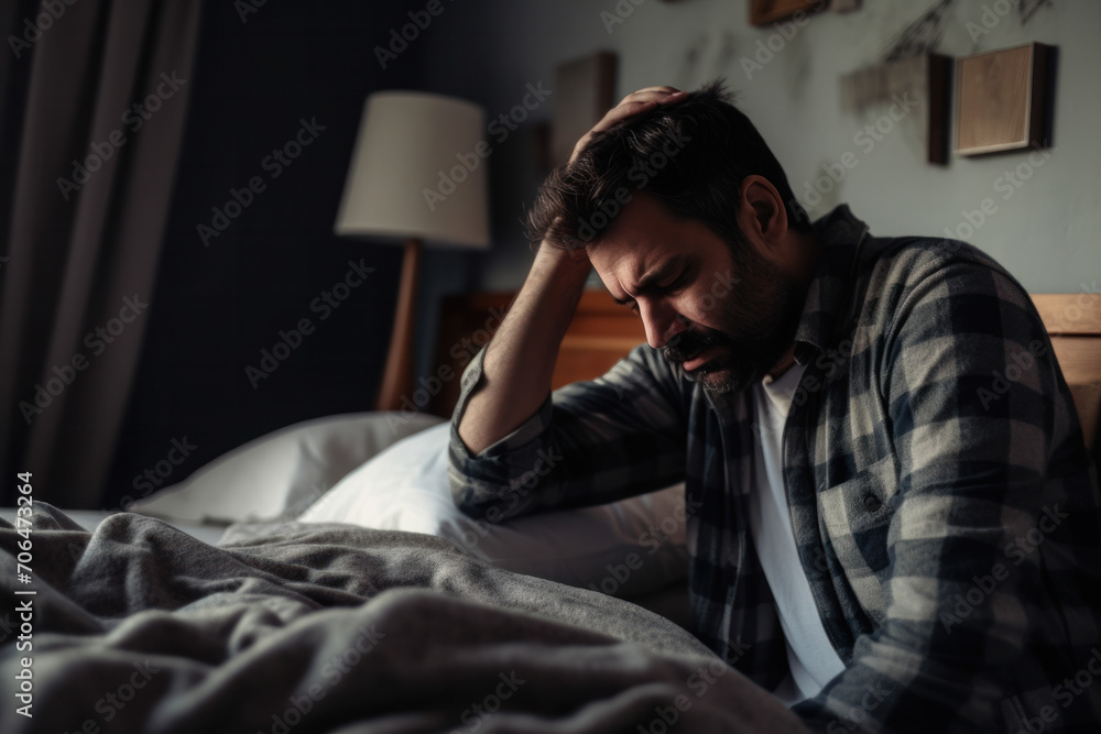 Exhausted man sits in a bedroom, expressing depression, worry, and loneliness during a crisis.