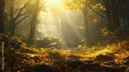 Landscape of sun rays in the forest. Neural network AI generated art